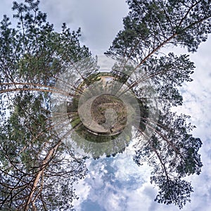 Little planet transformation of spherical panorama 360 degrees. Spherical abstract aerial view in forest. Curvature of space