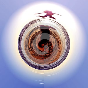 Little planet transformation of spherical panorama 360 degrees. Spherical abstract aerial view on silhouette of a jumping girl