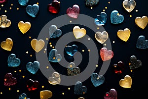 Little plastic hearts and colorful confetti scattered on a dark background.