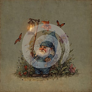 little plump gnome with long white beard holding a lantern on a stick