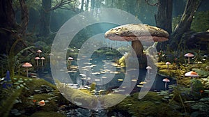 Little pond in the forest with big fairy mushrooms, flowers and fern leaves. AI Generative