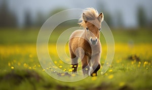 Little pony foal play on a meadow with yellow flowers