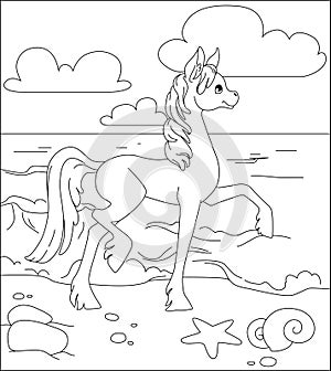 Little pony for a walk on the sea. Coloring book for children about a horse. Vector illustration.
