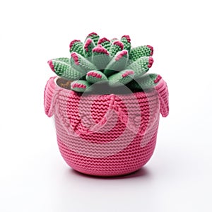 A little potted succulent knitted with green and pink yarn, isolated on white.