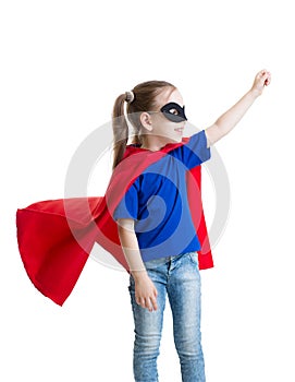 Little power super hero child in red raincoat