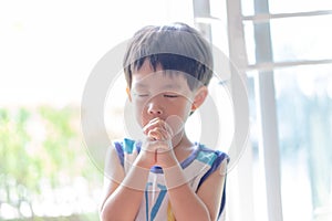 A little prayer, A boy is praying seriously and hopefully to Jesus