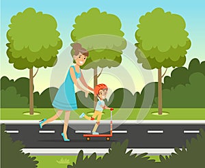 Little preschool boy having fun with her mother in summer park outside, family leisure vector illustration