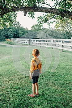 Little preschool Caucasian boy in yellow shirt and jeans shorts with suspenders standing alone in park country-side village