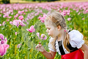 Little preschool girl in poppy field. Cute happy child in red riding hood dress play outdoor on blossom flowering meadow