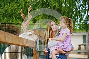 Little preschool girl and woman feeding goat. Happy excited child and mother feeds animals a wildlife park. Family