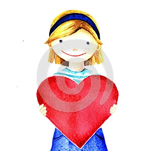 Little pretty beautiful smiling girl holding big red heart in his hands. Watercolor hand painted illustration isolated