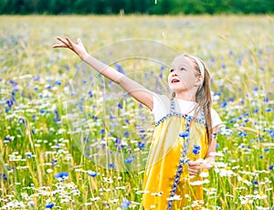 Little pretty girl in yellow Russian dress picking flowers in field of wild flowers on summer day