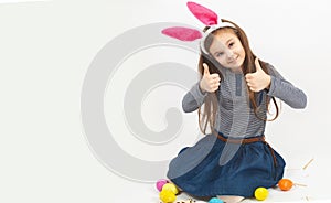 Little pretty kid girl 5 years old isolated on white background children studio portrait. Childhood. Happy Easter concept