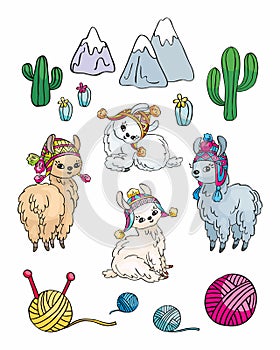 Little pretty llamas in doodle style