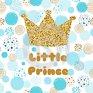 Little prince Baby shower card template. Boy blue invitation design for baby shower party. Gold crown.