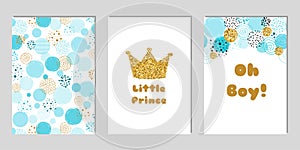 Little prince Baby shower card template set. Oh Boy blue invitation design for baby shower party. Gold crown.