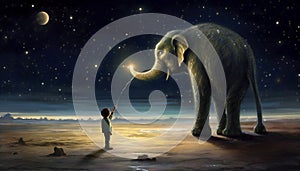 The Little Prince and the elephant in a beach at night with a sky full of stars