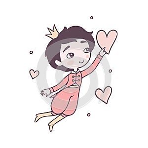 Little prince flying with heart flat color vector character