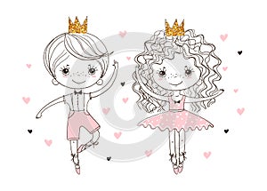 Little prince and princess in pointe shoes are dancing ballet. A boy and a girl are engaged in dancing. Cute doodle illustration,