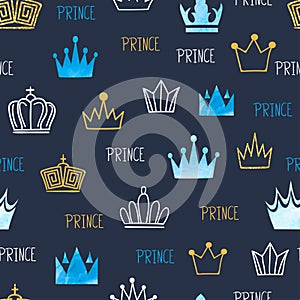 Little prince seamless pattern with watercolor and glittering crowns.