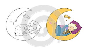 The little prince is sleeping on the moon. Cute cartoon boy in bed. Time to sleep. Good night. Illustration for coloring