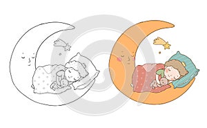 The little prince is sleeping on the moon. Cute cartoon boy in bed. Time to sleep. Good night. Illustration for coloring