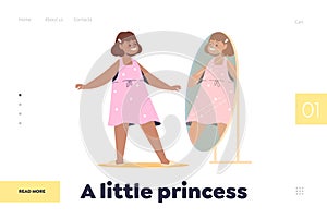 Little princess concept of landing page with happy girl in pink dress standing in front of mirror