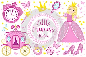 Little Princess cute pink set objects, icons cartoon style . Pretty girl in beautiful dress with a crown, carriage