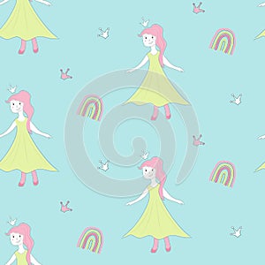 Little Princess Cute seamless Pattern with crown and rainbow