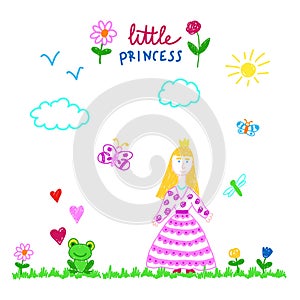 Little Princess and frog on the grass in a sunny day . Children's drawing. Isolated vector illustration