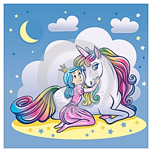 Little Princess Girl and Cute Unicorn, illustration