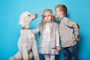 Little princess and handsome boy with Royal poodle. Love. Friendship. Family. Studio portrait over blue background