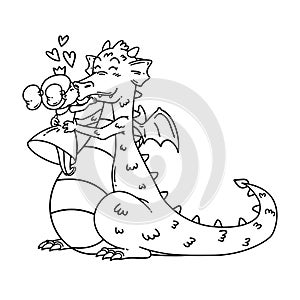 Little princess kisses a dragon in the nose. Fairy tale children illustration. Happy Valentine`s day Card. Outline black and whit