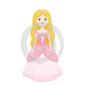 Little princess with long golden hair, crown and pink dress. Beautiful cute blonde girl