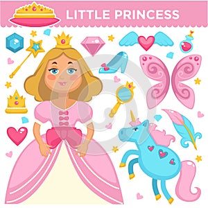 Little princess, magic unicorn or crystal shoes and golden royal crown vecor flat icons