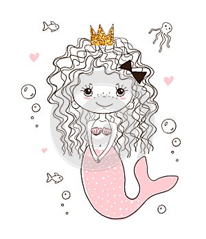 Little princess mermaid in the underwater world. The girl in the crown swims with fish. Sketch for postcards, poster for