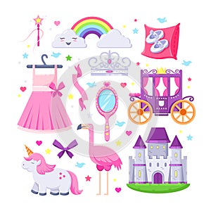 Little princess pink icons set. Vector illustration of unicorn, castle, crown, flamingo, girls dress, rainbow, carriage