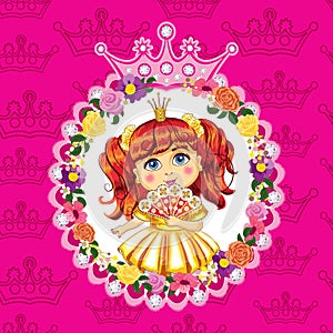 Little princess, red hair on a pink background