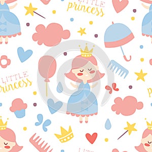 Little Princess Seamless Pattern, Baby Girl Shower, Birthday Party or Nursery Decoration Background, Wallpaper, Textile