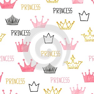 Little princess seamless pattern in pink and golden colors.