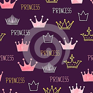 Little princess seamless pattern with watercolor and glittering crowns.