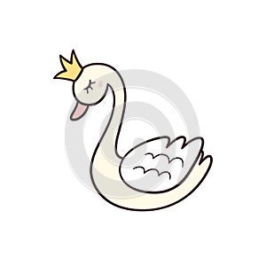 Little Princess Swan with crown. Isolated vector illustration in doodle style
