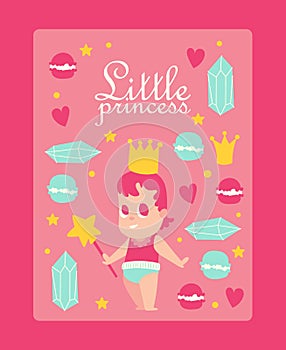 Little princess, vector illustration. Cute baby girl with crown and magic wand, flat style icons, poster in pink colors