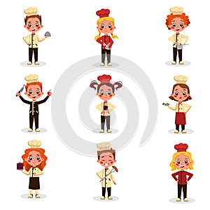 Little Professional Chefs Characters Cooking Tasty Dishes Set, Cute Kids in Uniform and Hat with Kitchen Utensils