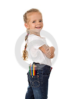 Little proud girl with pencils in her pocket