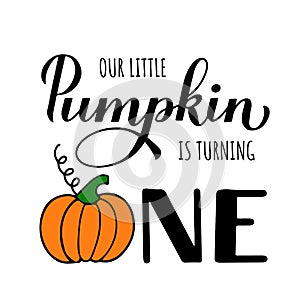 Little Pumpkin is turning one calligraphy hand lettering with cute cartoon pumpkin. Fall baby first birthday decorations