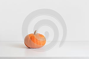 Little pumpkin on a white background with copy space. Thanksgiving or autumn minimal concept. Ripe orange pumpkin