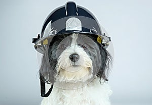 Little puppy dog with big astonished eyes wearing a fireman helmet