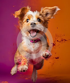 Little puppy dog is running and jumping. Cute playful braun puppy playing in studio background.