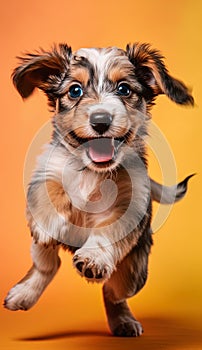 Little puppy dog is running and jumping. Cute playful braun puppy playing in studio background.
